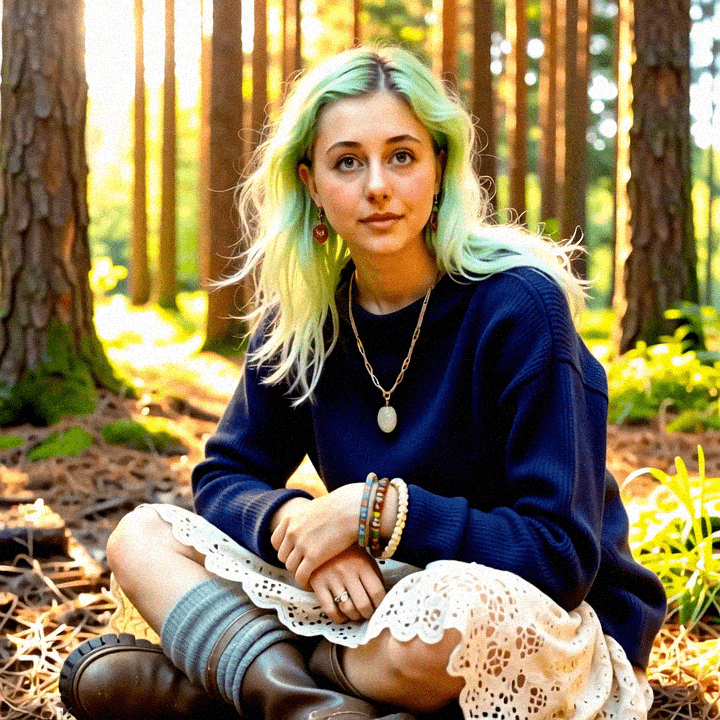 Emma-Jane MacKinnon-Lee sitting in the forest with the tallest tree in the world