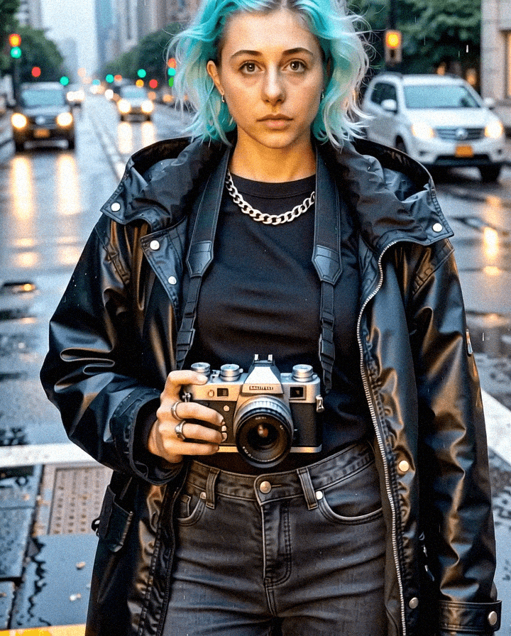 Emma-Jane MacKinnon-Lee with an old hand held camera in new york city