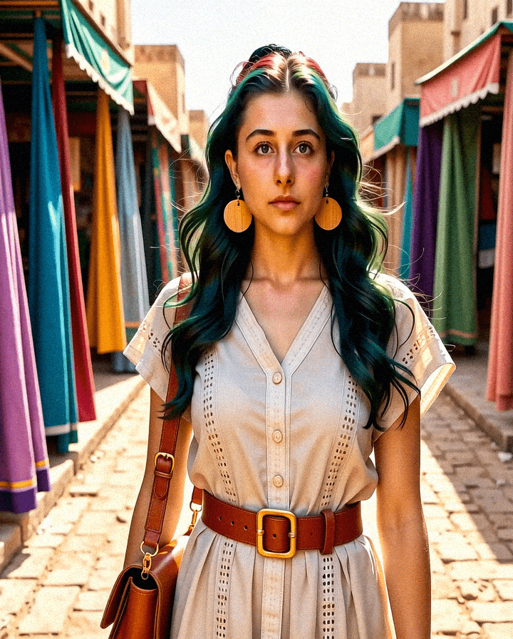 Emma-Jane MacKinnon-Lee in the streets of a market, somewhere in this world